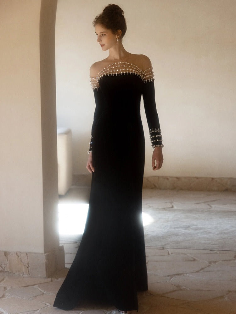 French Style Hepburn Wind Black Evening Dress 2024 New Long-Sleeved Pearl off-Shoulder Fishtail Costume