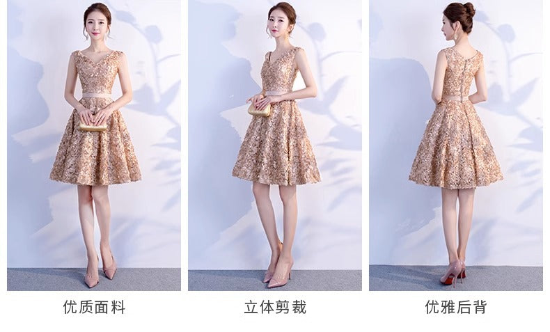 Banquet Dress Short 2024 New Slim-Fit Double Shoulder Champagne Birthday Party Graduation Bridesmaid Evening Dress Autumn