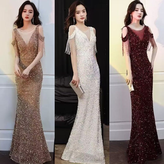 3185 Heavy Industry Evening Dress Women's New Banquet Temperament High-End Fishtail Host Socialite Light Luxury Minority High-End