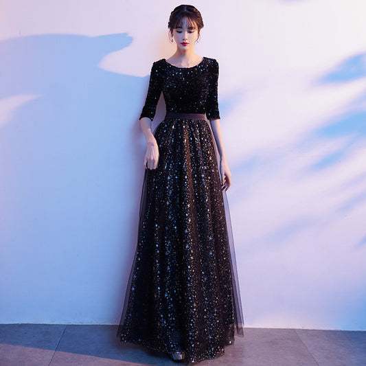 Black Adult Long Dress for Choir Performance, Female Conductor Competition Host Banquet Evening Gown Dress
