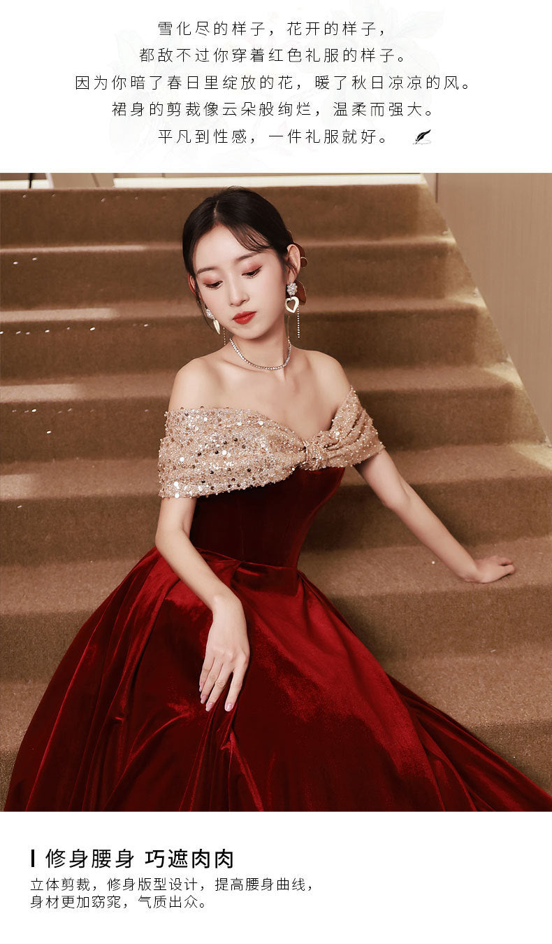 Western Style Clothing Dresses Bridal Summer Wine Red off-Shoulder Fashion Engagement Dress Women's Banquet Temperament Dress H98923