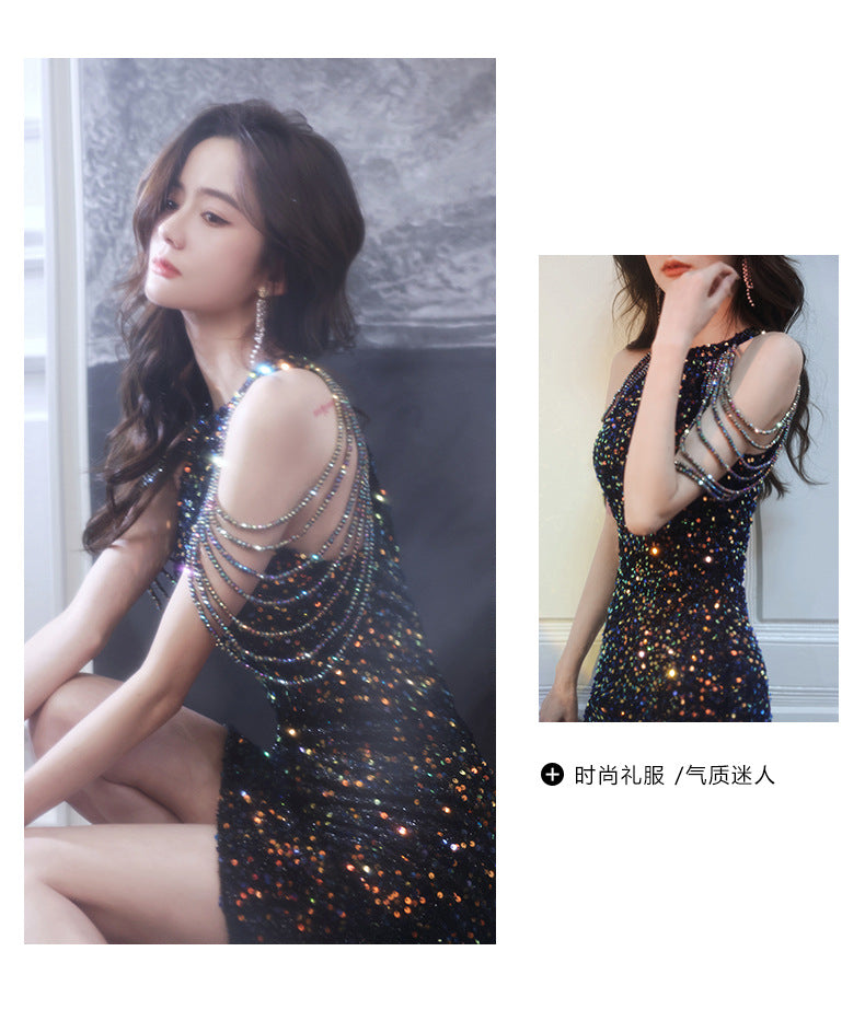 Black Evening Party Dress Sequined New Banquet Short-Length Halter Fishtail Socialite Gathering Temperament Host Jumpsuit Skirt