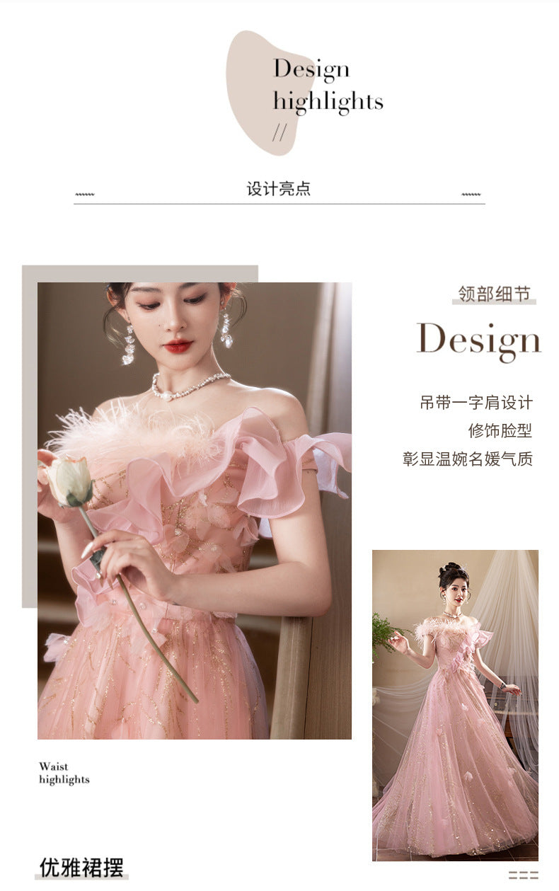 off-Shoulder Evening Dress Female Banquet Temperament Socialite High-End Affordable Luxury Niche Host Engagement High-Grade Pink