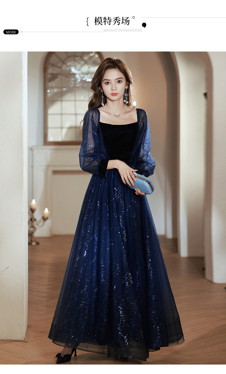 Women's Long-Sleeved Evening Dress for Banquet, High Sense High-End Affordable Luxury Niche Blue Sequined Conductor Chorus Solo Performance Costume