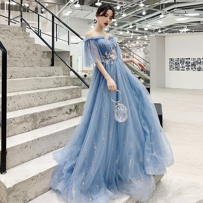 Blue Host Art Exam Evening Dress Female 2024 New Banquet Temperament Princess Fairy Mori Style