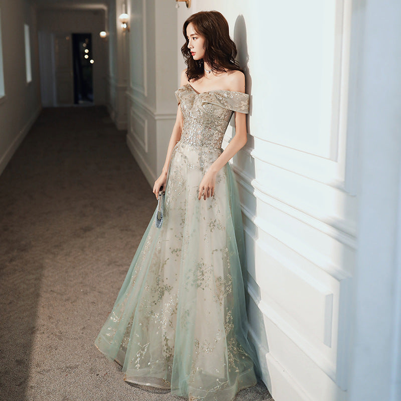 Evening dresses Green Dance Dress off-Shoulder Evening Dress French Retro Court Banquet Elegant Graceful Long Formal skirt  H25376