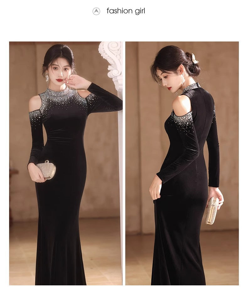 Factory in Stock Wholesale New Elegant and Beautiful off-Shoulder Long Sleeve Banquet Host Black Mermaid Evening Dress for Women