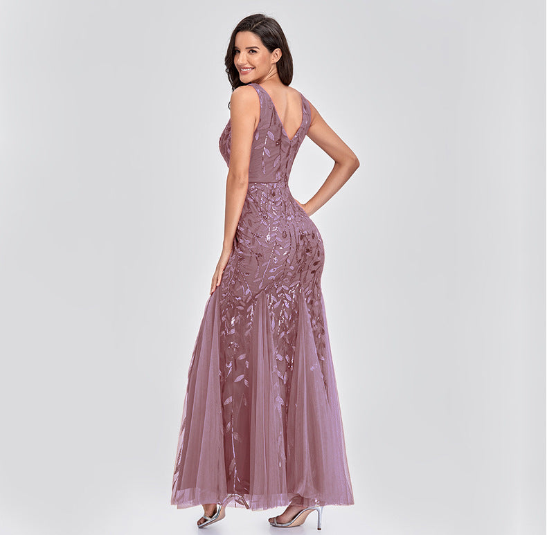 New 2023 Dress Sexy Dress Sleeveless V-neck Embroidery Sequin Slim Fishtail Bridesmaid Evening Dress for Women