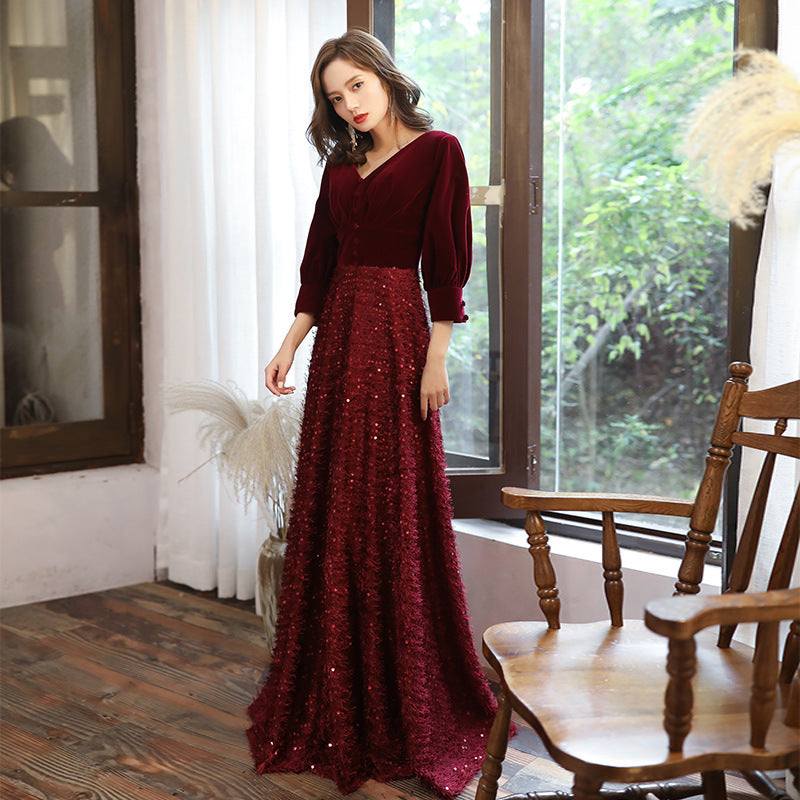 Evening Dress for Women 2024 New Elegant Toast Dress Wine Red Bride Elegant Long Sleeve Wedding Clothes Autumn