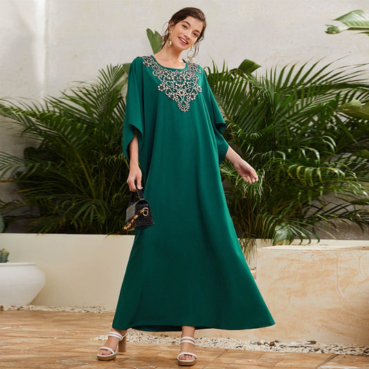 Dress muslimah Embroidered round-Neck Flared Sleeves Half Sleeve Wide Hem Long Skirt Dress H290