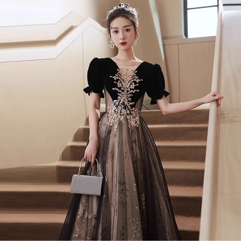 Banquet Evening Dress 2024 New Hepburn Style Annual Meeting Elegant Black Host's Dress Student Art Exam Dress