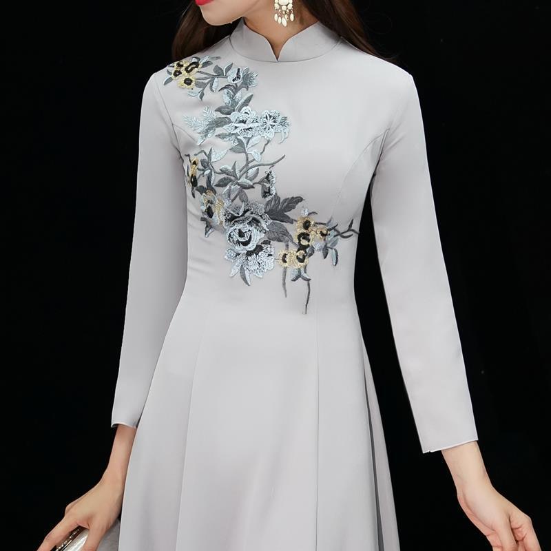 Machine Embroidery Improved Cheongsam 2024 New Long Dress Elegant over-the-Knee Embroidered Cheongsam Dress