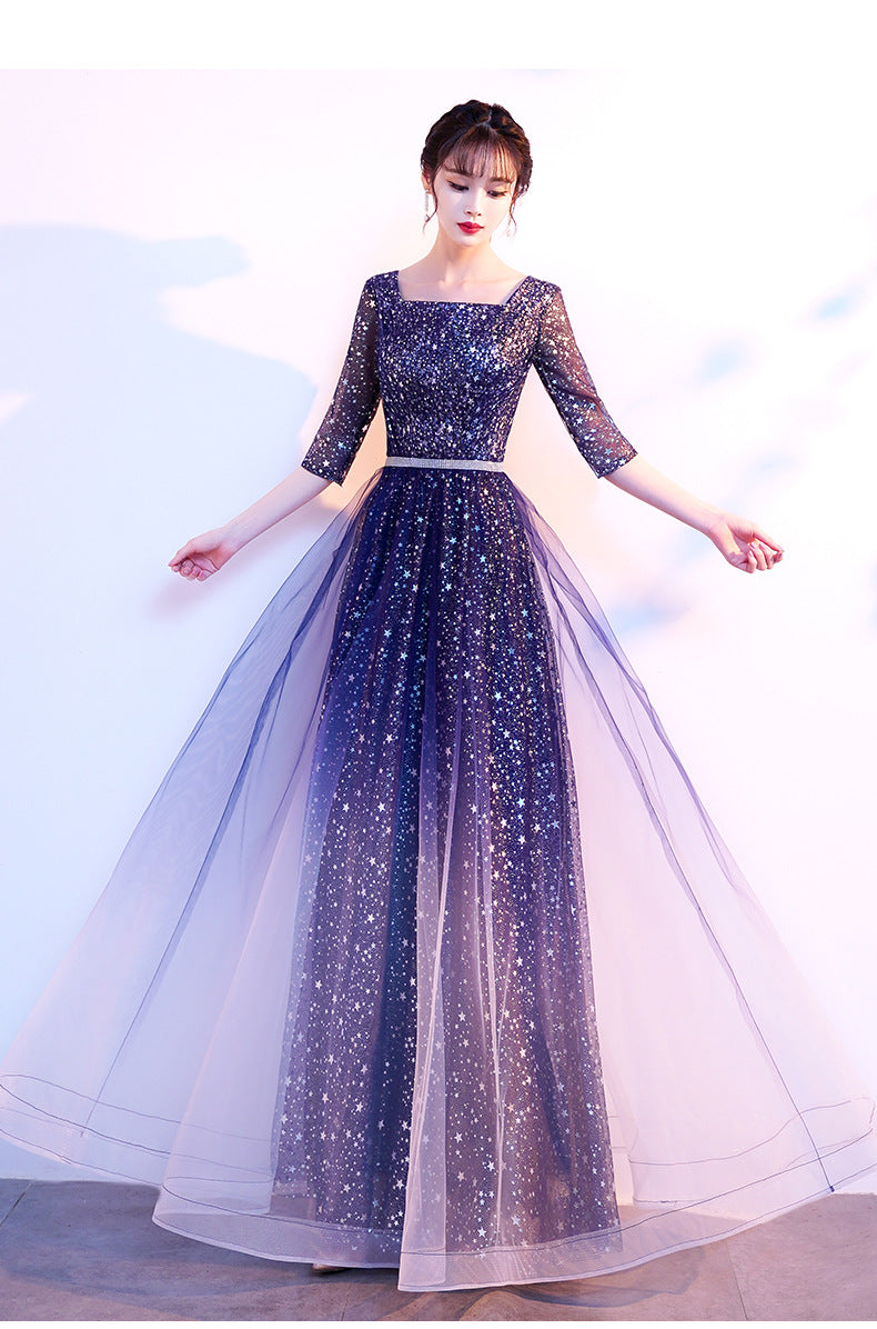 Starry Evening Dress Female Banquet Temperament Daily Style Square Collar Host Chorus Costume Summer Student