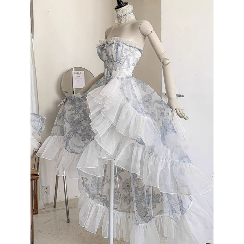 French Blue Floral Strapless Dress Women's Summer Princess Vintage Vintage Lolita Dress