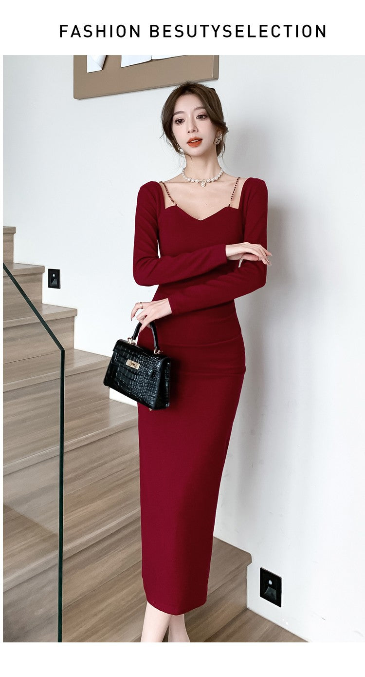 Chic French Style Chain Square Collar Dress Women's Elegant Bodycon Sheath Dress Niche Split Evening Dress Isn