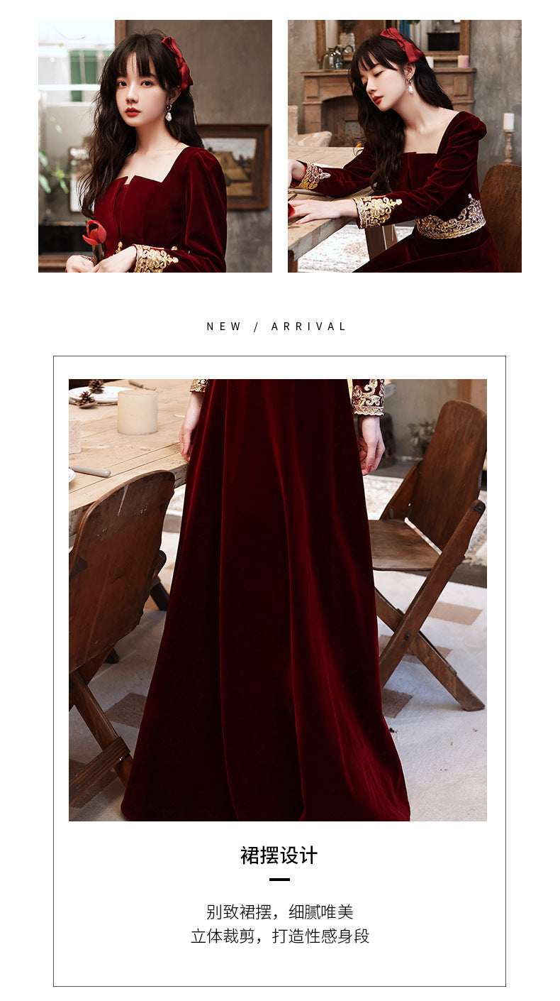 Wedding Toast Dress 2024 New Velvet Wine Red Long Bride Long Evening Dress Autumn Elegant Toast