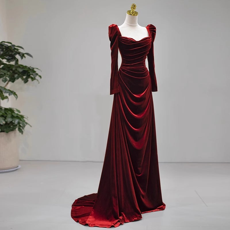 High-Grade Velvet Toast Dress Wine Red Long Sleeve Bride Engagement Dress Banquet Host Dress Annual Meeting Dress