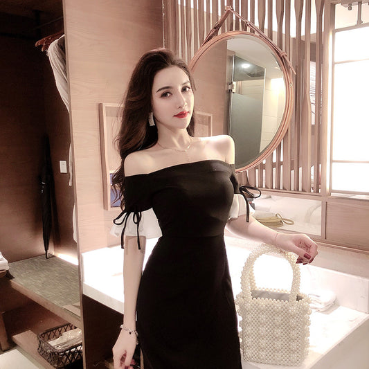 Women's off-Shoulder Black Banquet Evening Dress 2024 New Long Slim Fit Slimming Dress