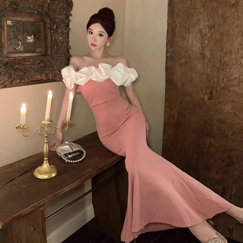 2883 Cross-Border Foreign Trade Women's Clothing Wholesale Southeast Asia off-Shoulder Contrast Color Evening Dress Temperament Slimming Fishtail Dress