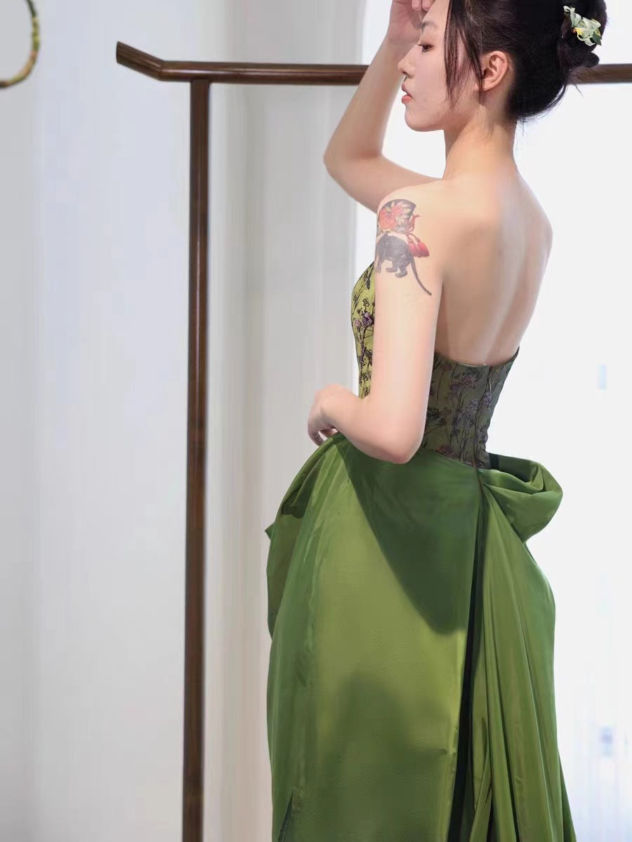 Green New Chinese Style Morning Gowns Dress Toast Dress Bride Engagement Dress Light Luxury Minority Long Tube Top Dress