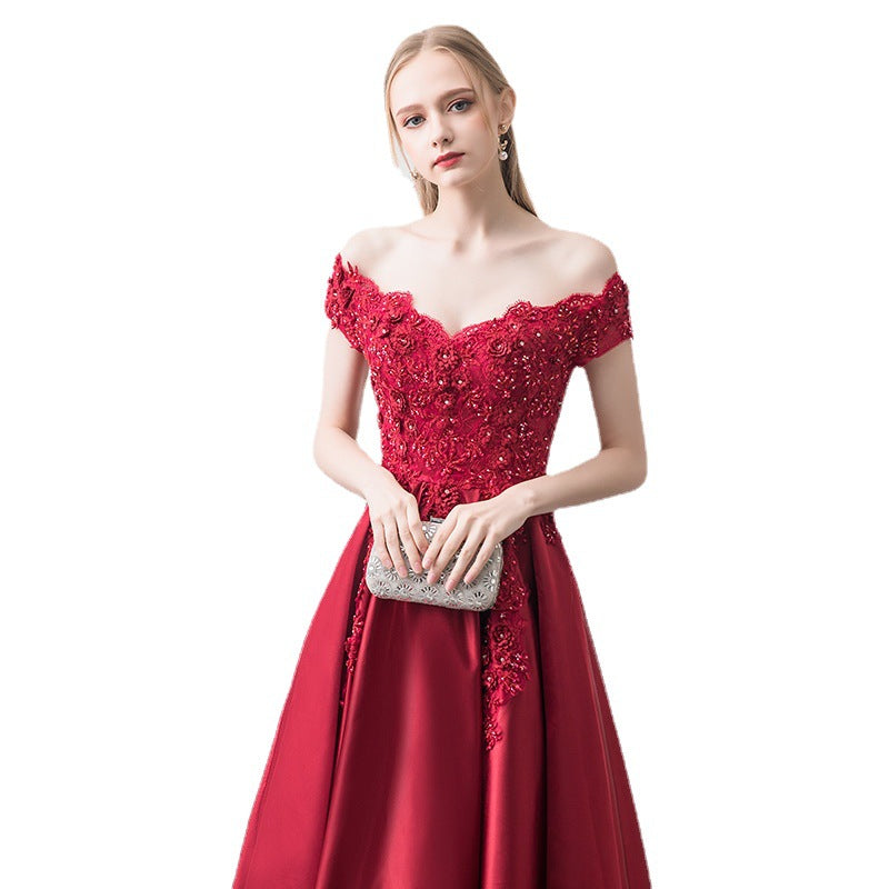 off-Shoulder Wine Red Toast Dress Bride 2024 New Marriage Engagement Wedding Family Visiting Shoes Banquet Evening Dress