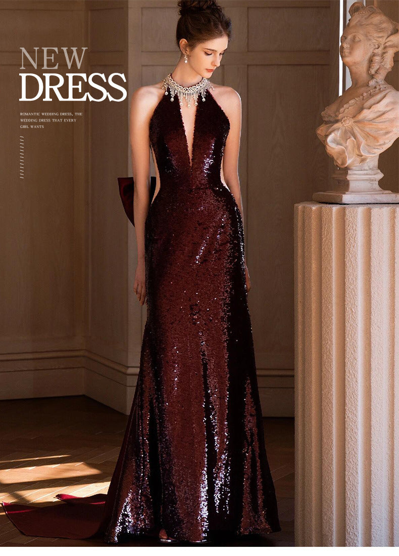 Sequined Toast Dress for Bride Wine Red Engagement Banquet Temperament Long Halter-Style Heavy Work Fishtail Evening Dress for Women