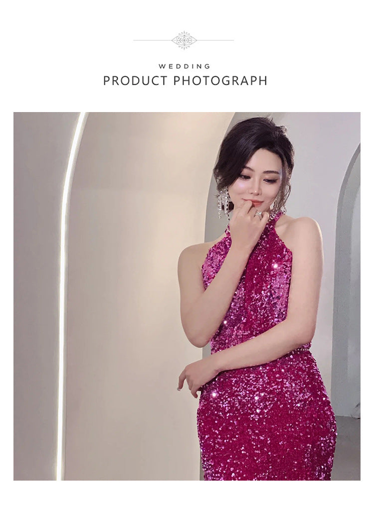 Rose Red Evening Dress Temperament Entry Lux Sense Backless Fishtail Engagement Dress Bridal Halter Toast Dress