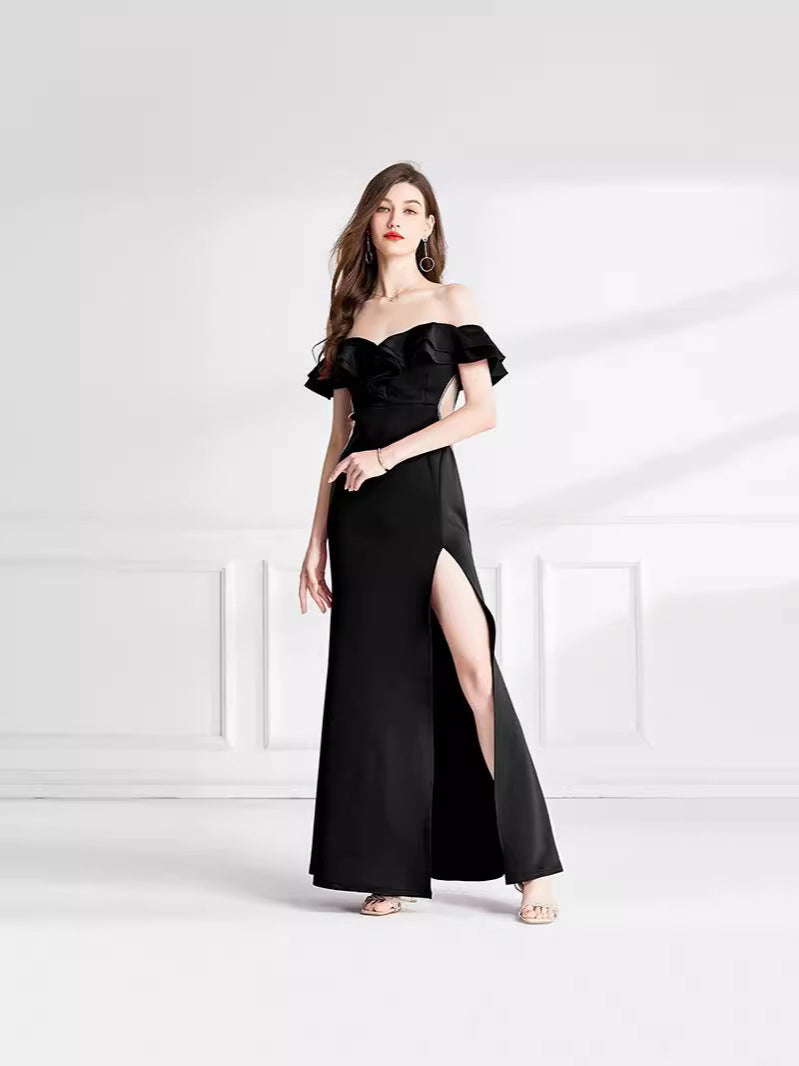 Evening Dress Gala Birthday Dinner Party Ball Gown Black Flower Long Off Shoulder Dresses H889222