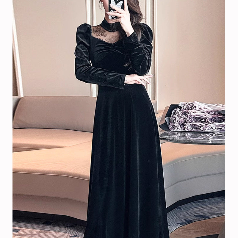 2023 Autumn and Winter Annual Party Party Dress Skirt ~ French Style Hepburn Elegant Half Turtleneck Lace Stitching Velvet Dress