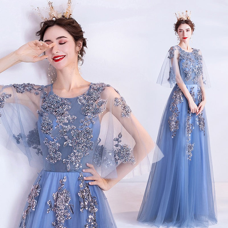 Blue Veils Slimming Banquet Annual Meeting Stage Performance Host Wedding Dress Evening Gown 273