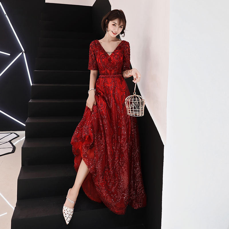 Toast Dress Bride Wedding Evening Dress Temperament Red Engagement Banquet Host Dress Women's Autumn Evening Dress