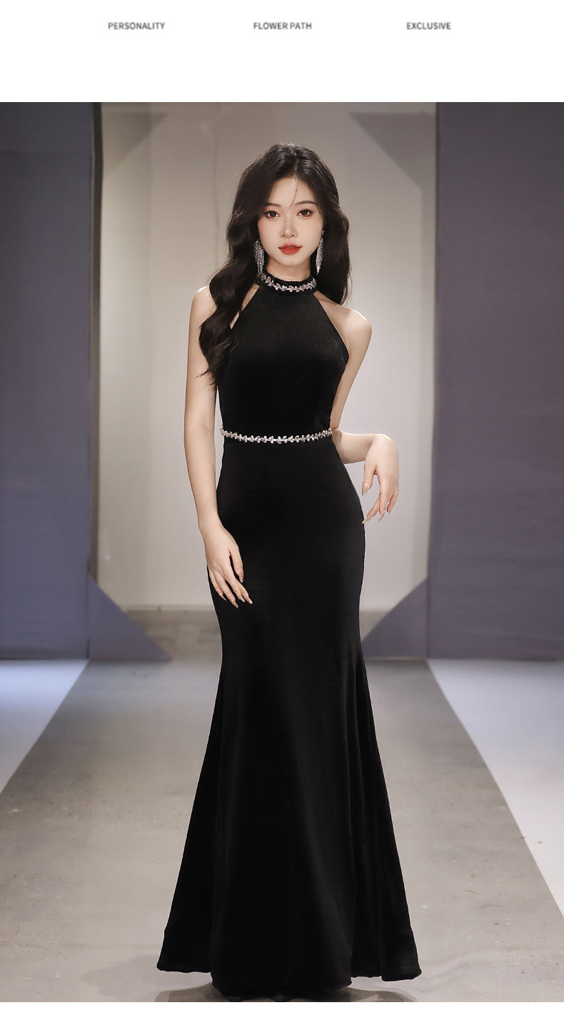 Black Evening Dress 2024 New High-End Temperament Socialite Halter Host Annual Meeting Fishtail Gown Dress