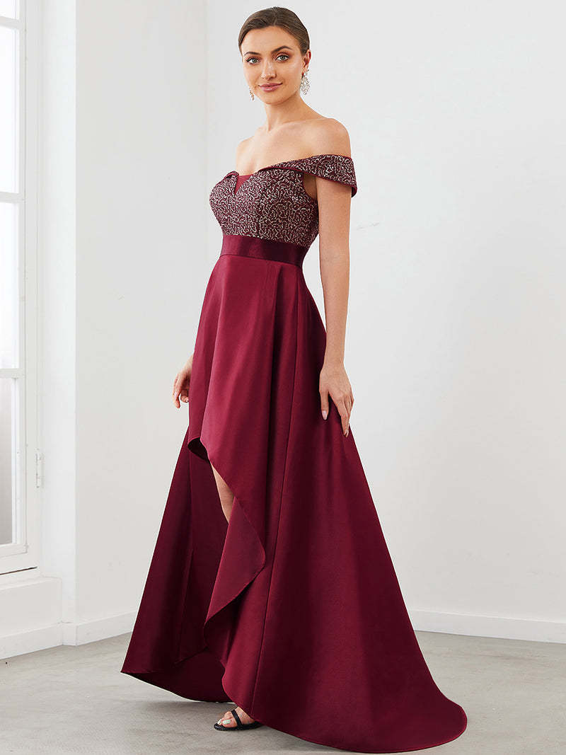 Europe and America Cross Border Foreign Trade off-Shoulder Evening Dress off-Shoulder Sequins High-End Banquet Graceful Satin Dress Small Tail