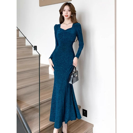 High-End Square Collar Long Sleeve Fishtail Dress Spring Fashion Graceful Formal Dress Sexy Slimming Beam Waist Hip Skirt