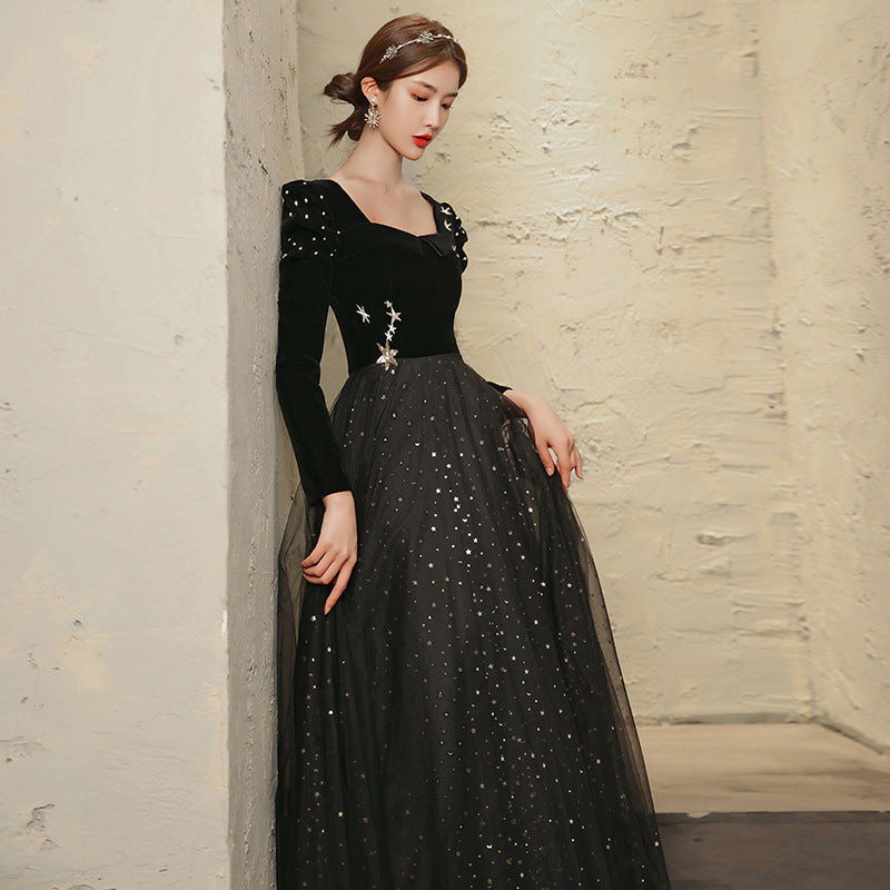 Banquet Evening Dress 2024 New Black Ladies Long Sleeves Graceful Formal Dress Host Performance Dinner Annual Meeting Gift