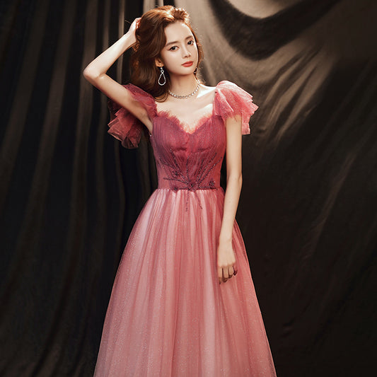 Toast Dress 2024 New Fairy Gradient Marriage Engagement Evening Dress off-Shoulder Banquet Host Dress Annual Meeting