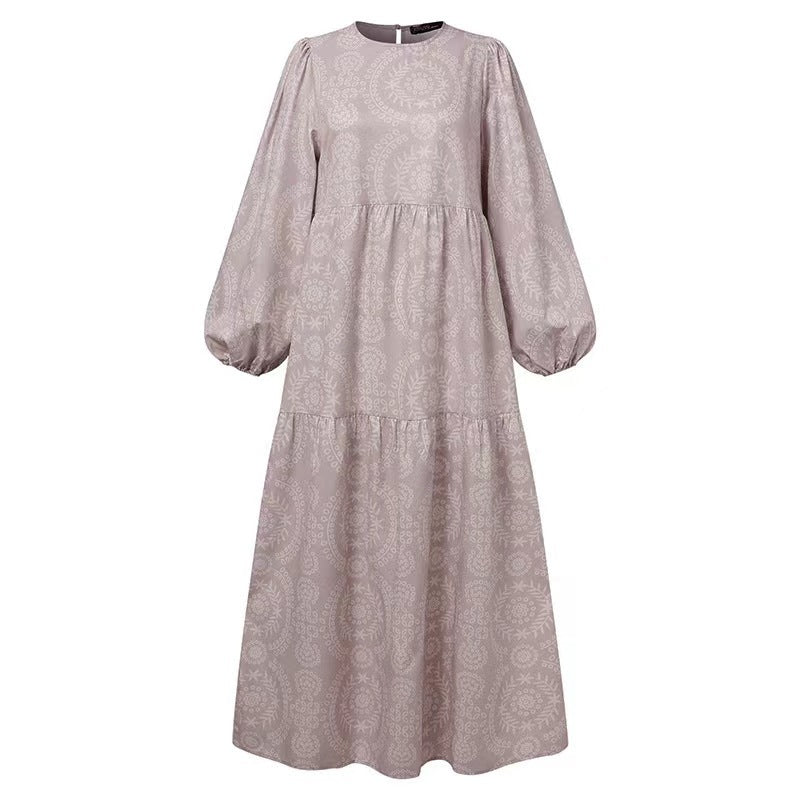 New Muslim Print Pattern round Neck Pullover Loose Casual Dress