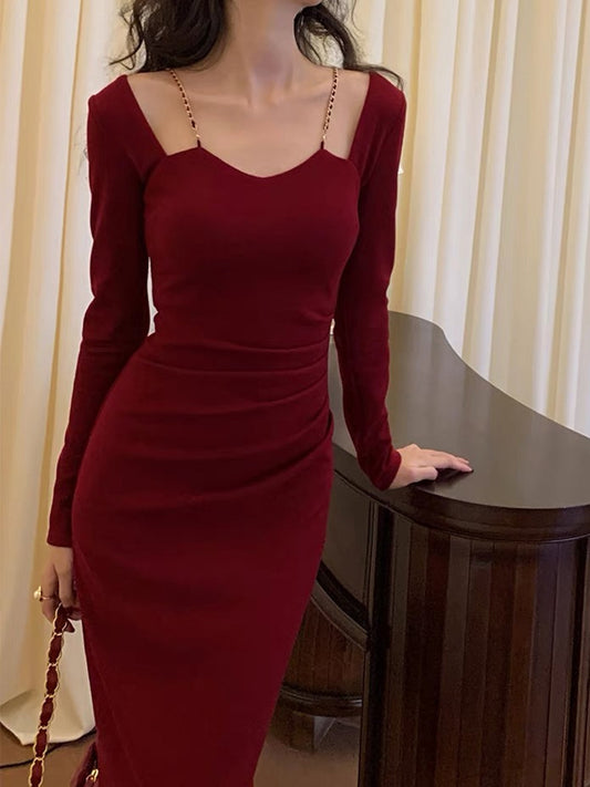 High-Grade French Chain Square Collar Long Sleeve Dress Women's Autumn and Winter New Retro Skinny Slimming Sheath Dress