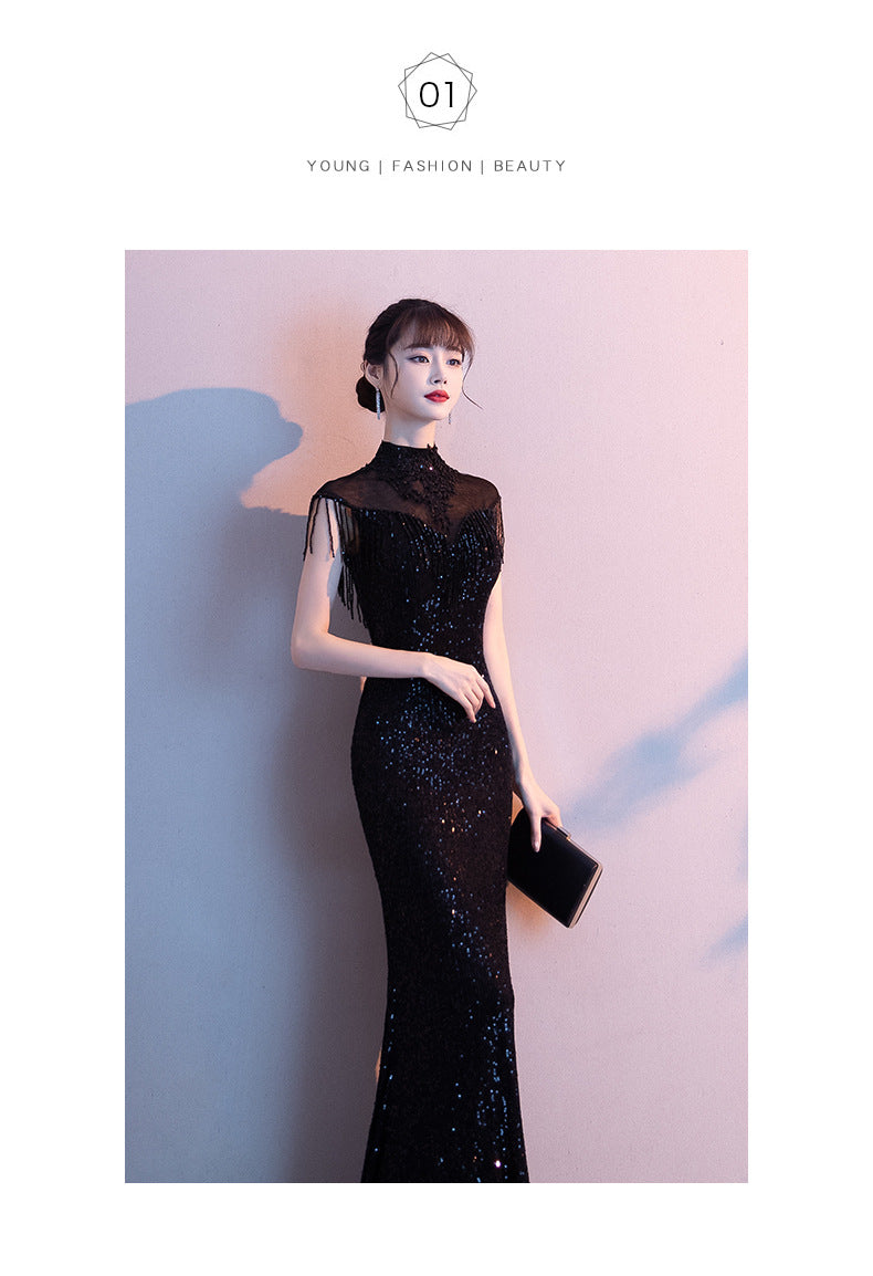 Black Evening Dress Women's 2024 New Summer and Autumn Temperament Banquet Host Light Luxury European and American Socialite Fishtail Long