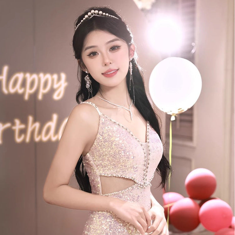 High-End Custom Evening Dress for Women Light Luxury High-End Temperament Socialite Autumn and Winter Sequined Toast Dress for Bride High-End