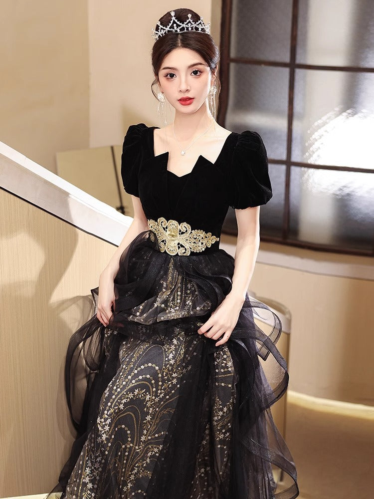 Black Evening Dress French Style High Sense 18-Year-Old Adult Ceremony Small Size Dress Banquet Host 2024 New