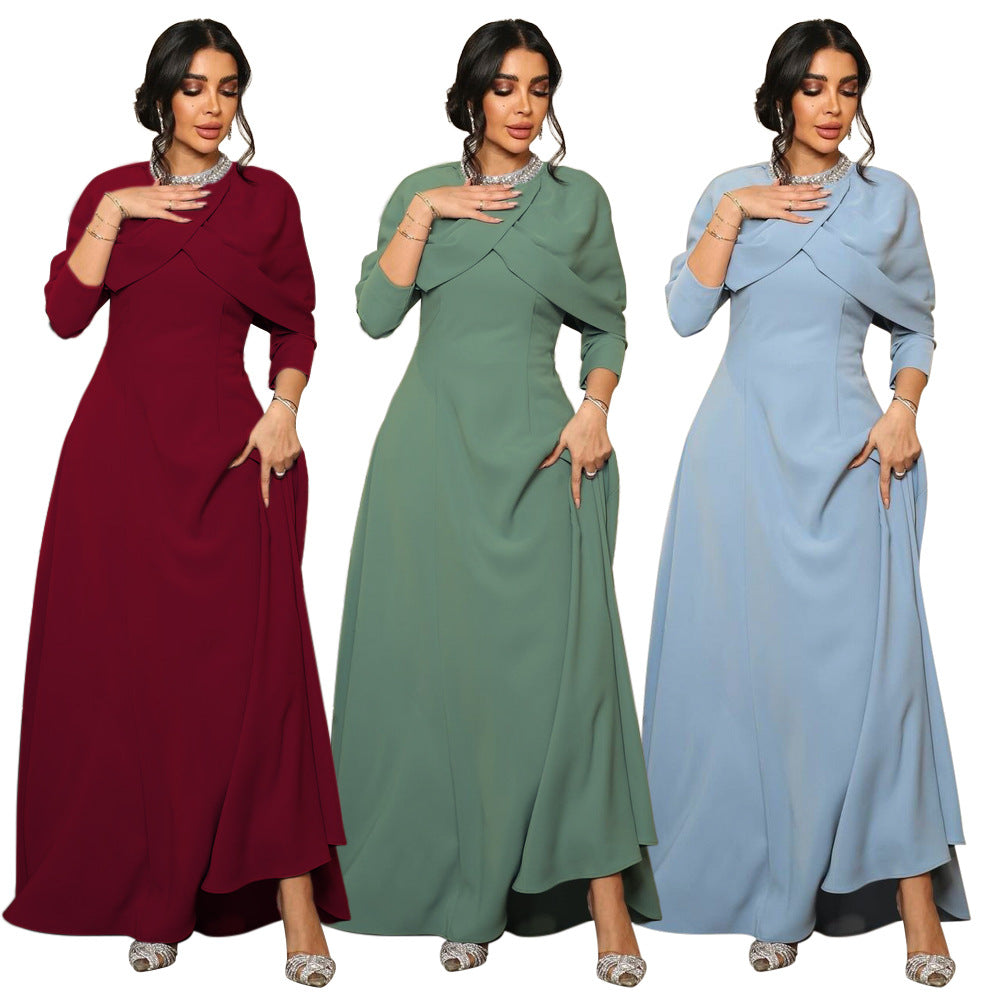 Xqy500321 Middle East Cross-Border Muslim Robe Abaya Fashion Neckline Inserted Beads Rhinestone Strip Shawl Collar Dress