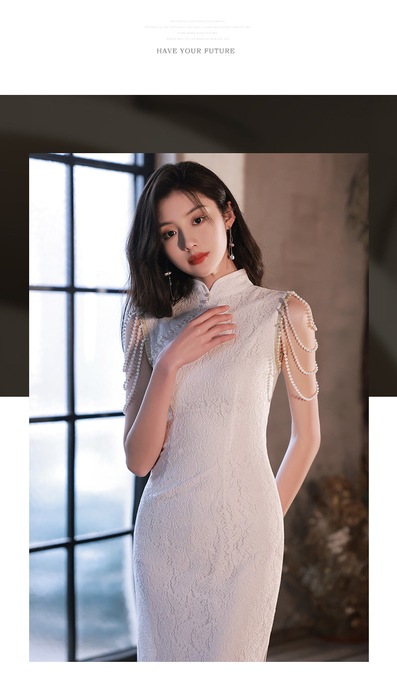 2024 New Cheongsam Little Evening Dress Dress Spring White Birthday Engagement License Registration Daily Style