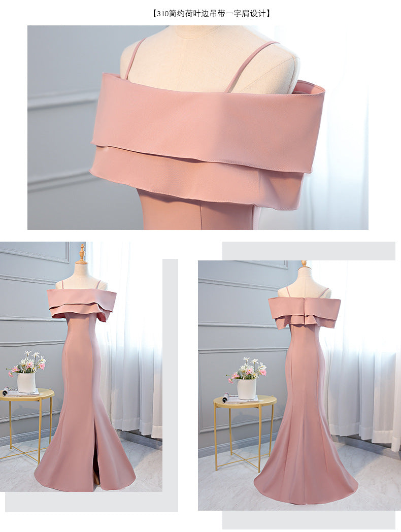 Ladybros' Dress 2023 Summer Autumn New Style off-Shoulder Annual Meeting Pink Figure Flattering Fishtail Dress for the Besties Bridesmaid Dress for Women