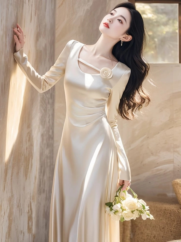 Formal Occasions Elegant White Satin Dress Autumn Wear French High-End Exquisite Classic Style Waist-Slimming Long Dress