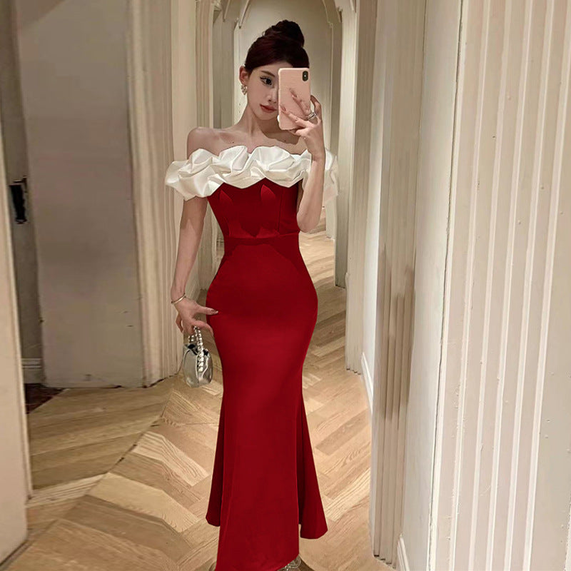 2883 Cross-Border Foreign Trade Women's Clothing Wholesale Southeast Asia off-Shoulder Contrast Color Evening Dress Temperament Slimming Fishtail Dress