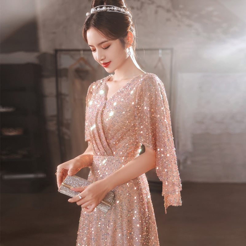 Foreign Trade Cross-Border Supply Evening Dress for Women 2024 New Banquet Socialite Temperament Entry Lux Niche Host Sense Sequins