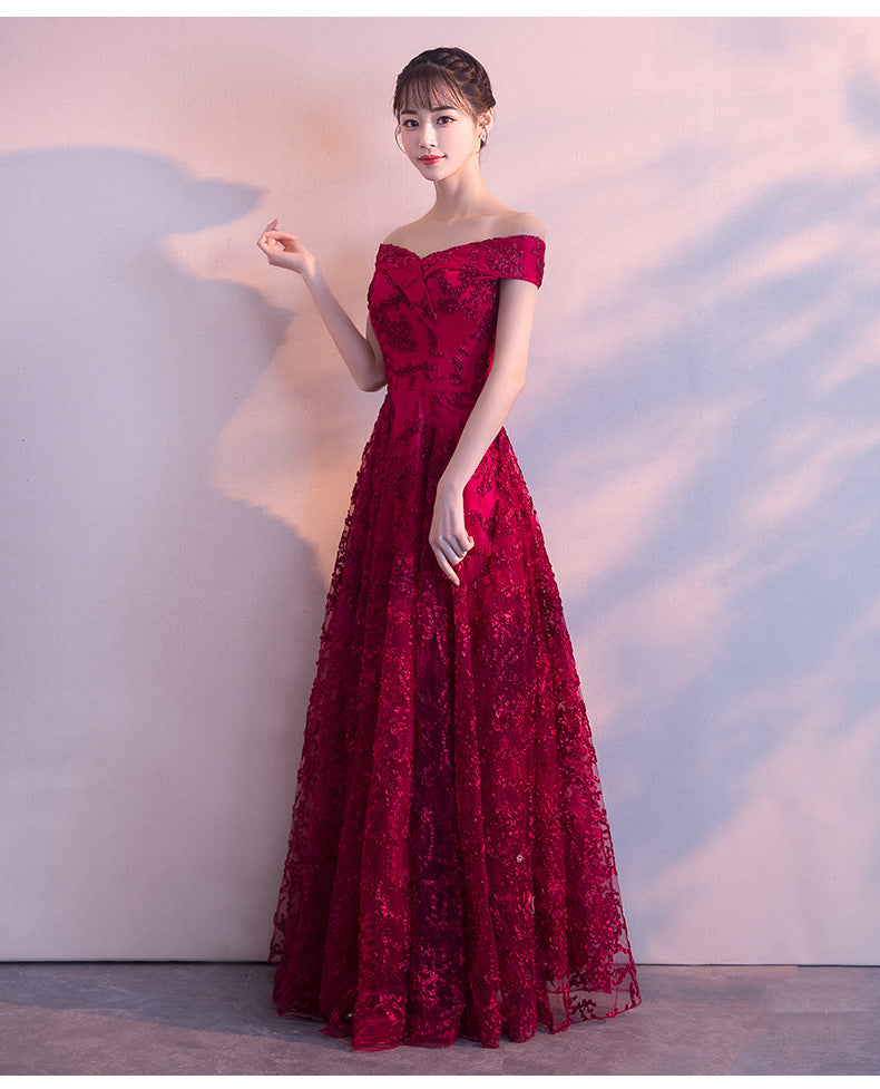 2024 New Summer Red Lace Off-Shoulder Long Slimming Wedding Evening Dress for Bride