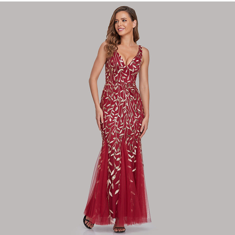 New 2023 Dress Sexy Dress Sleeveless V-neck Embroidery Sequin Slim Fishtail Bridesmaid Evening Dress for Women