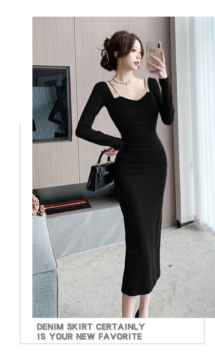 Chic French Style Chain Square Collar Dress Women's Elegant Bodycon Sheath Dress Niche Split Evening Dress Isn